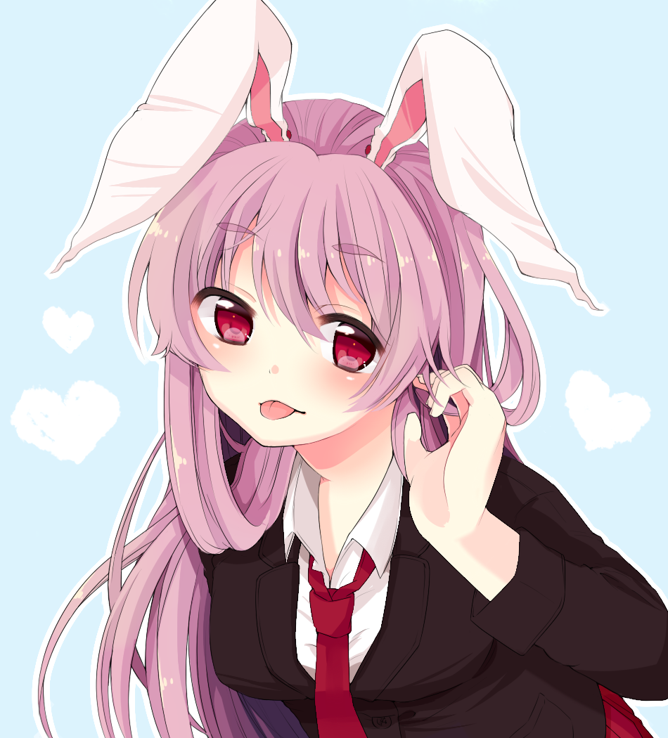 animal_ears blue_background bunny_ears hand_in_hair heart jacket long_hair long_sleeves looking_at_viewer necktie purple_eyes purple_hair red_neckwear reisen_udongein_inaba shiika_yuno shirt solo tongue tongue_out touhou upper_body