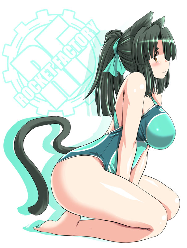 animal_ears black_hair blush breasts brown_eyes cat_ears cat_tail green_hair hair_ribbon large_breasts long_hair looking_at_viewer milk_(tonpuu) one-piece_swimsuit original ponytail ribbon seiza sitting smile solo swimsuit tail thick_thighs thighs tonpuu