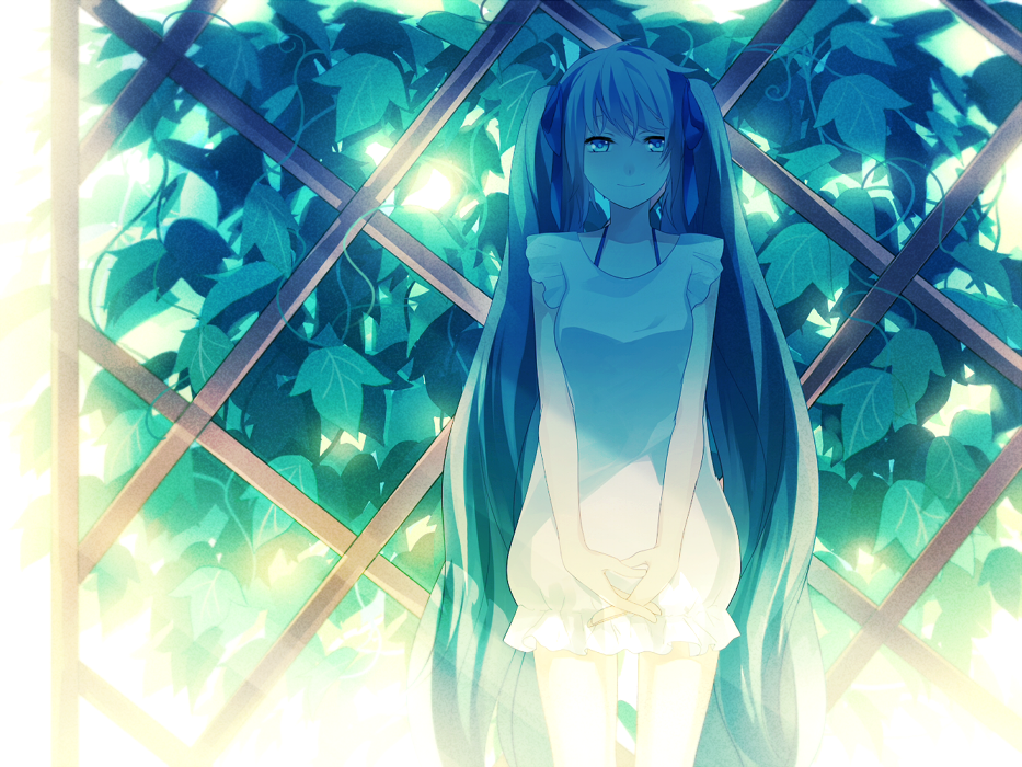 achiki bad_id bad_pixiv_id blue_eyes blue_hair fence hatsune_miku interlocked_fingers long_hair plant smile twintails very_long_hair vocaloid