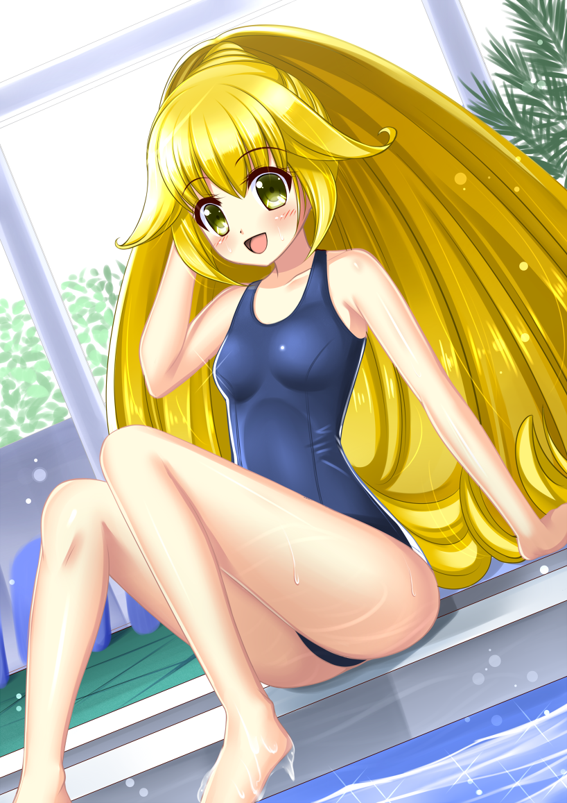 bad_id bad_pixiv_id blonde_hair breasts cure_peace hair_flaps kise_yayoi long_hair one-piece_swimsuit open_mouth ponytail pool precure school_swimsuit shibata_mai sitting small_breasts smile smile_precure! solo swimsuit water wet wet_clothes wet_swimsuit window yellow_eyes
