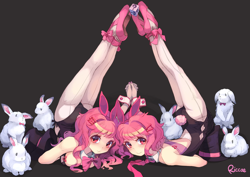 1girl ? animal_ears bare_shoulders blush bow bowtie breasts brown_eyes brown_hair bunny bunny_boy bunny_ears bunny_girl bunny_tail bunnysuit chest_stand cleavage cube detached_collar gymnastics hairband hands_clasped hat legs_up long_hair looking_at_viewer lying medium_breasts necktie on_stomach original otoko_no_ko own_hands_together pantyhose riccae short_hair smile tail top_hat wrist_cuffs