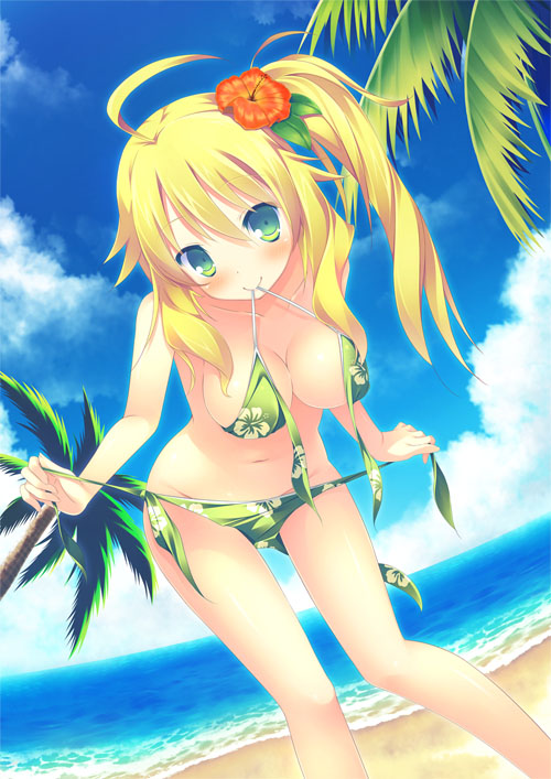 ahoge alternate_hairstyle beach bent_over bikini blonde_hair blush breasts cleavage cloud collarbone day dutch_angle flower green_bikini green_eyes groin hair_flower hair_ornament hibiscus hitoguchi_(hioxhio) hoshii_miki idolmaster idolmaster_(classic) long_hair medium_breasts mouth_hold navel outdoors palm_tree side_ponytail sky smile solo swimsuit tree untied