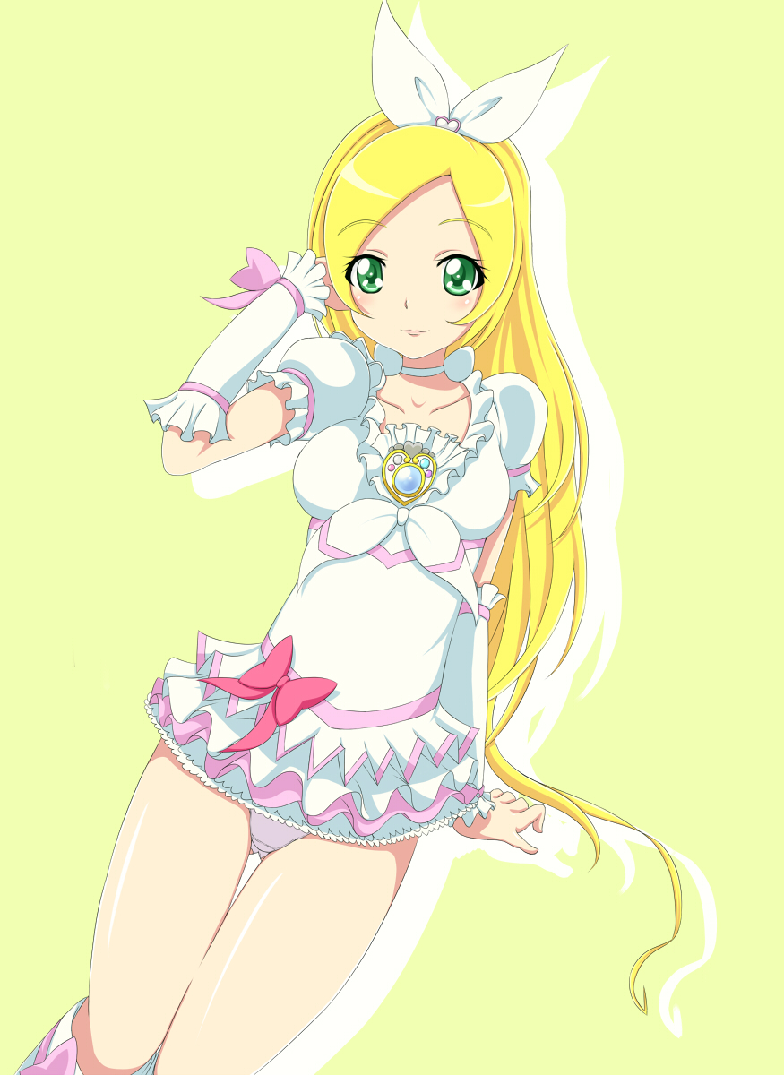 arm_warmers blonde_hair boots brooch choker cure_rhythm dress frills green_background green_eyes heart highres izuna_masaru jewelry long_hair magical_girl minamino_kanade panties precure ribbon short_dress smile solo suite_precure underwear white_choker white_dress white_panties