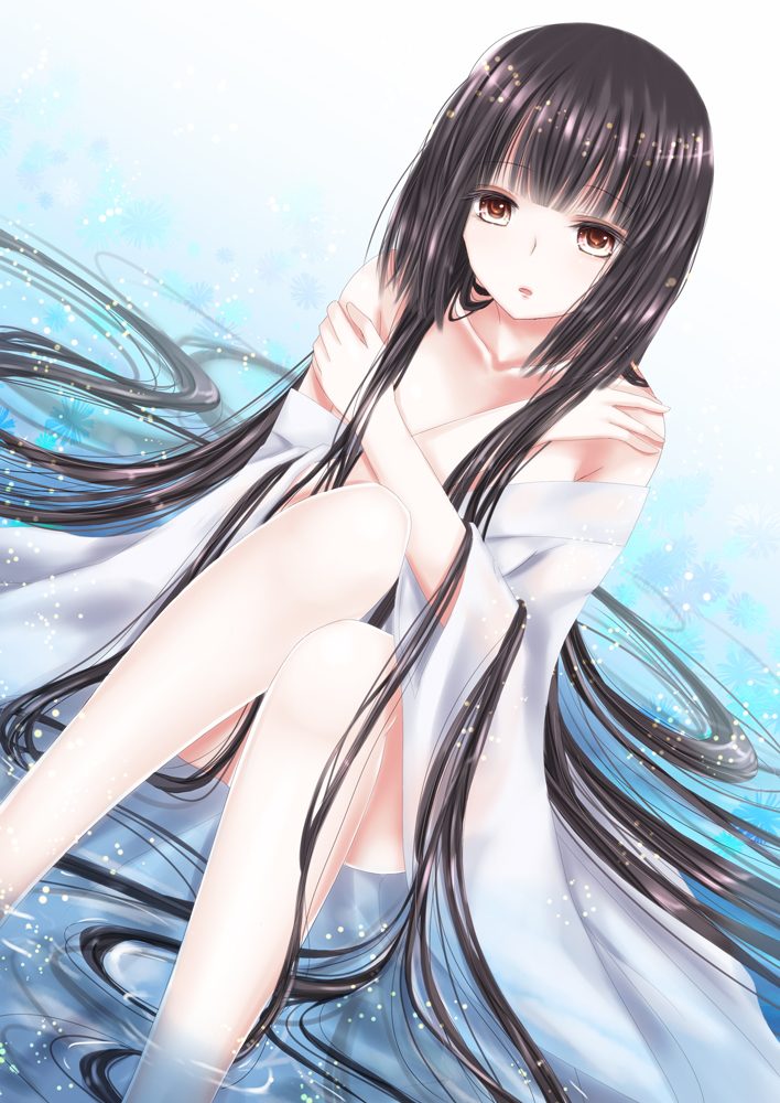 bangs bare_legs bare_shoulders black_hair blunt_bangs breasts brown_eyes cleavage collarbone dutch_angle hime_cut itsumoto_hiroharu japanese_clothes long_hair looking_at_viewer medium_breasts open_mouth original partially_submerged ripples self_hug sitting solo very_long_hair water