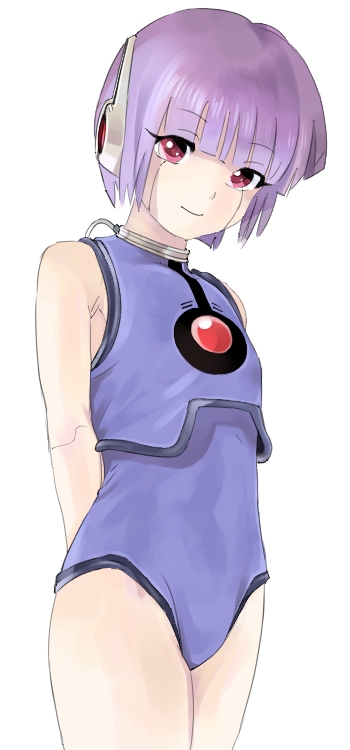 android arms_behind_back bangs bare_shoulders blunt_bangs cable collar copyright_request cowboy_shot doll_joints eyebrows_visible_through_hair flat_chest groin leash leotard looking_at_viewer mechanical_ears oyatsu_(mk2) purple_eyes purple_hair purple_leotard robot_joints short_hair simple_background sleeveless smile solo standing thighs white_background