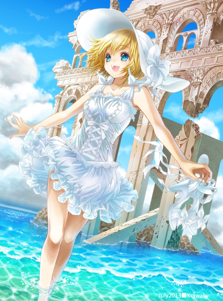 bad_id bad_pixiv_id blonde_hair blue_eyes cloud day dress happy hat high_heels holding holding_shoes legs ocean original ruins sandals shoes shoes_removed short_hair sky solo water yuzu_5101