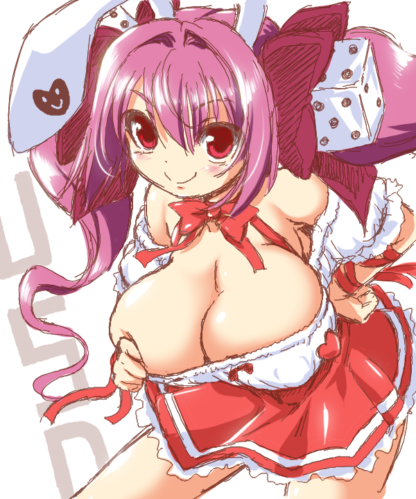 1girl akazawa_red animal_ears bare_shoulders breasts bunny_ears bunny_girl cleavage covered_nipples erect_nipples female hair_ornament hair_ribbon huge_breasts leaning_forward long_hair long_twintails miniskirt naughty_face pink_hair red_eyes ribbon skirt solo standing twintails usada_hikaru