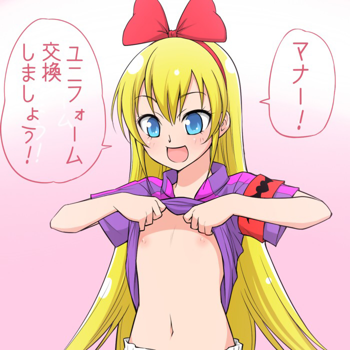 :d bad_id bad_pixiv_id blonde_hair blue_eyes blush dokidoki!_precure flat_chest hairband long_hair midriff navel nipples ogry_ching open_mouth pink_background precure red_ribbon regina_(dokidoki!_precure) ribbon shirt_lift simple_background smile soccer_uniform solo sportswear translated