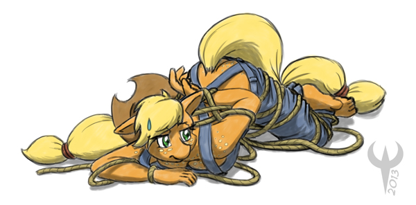 anthro anthrofied applejack_(mlp) blonde_hair bound breasts butt equine ethanqix female freckles friendship_is_magic hair horse mammal my_little_pony on_floor overalls plain_background pony ponytail rope solo sweat white_background