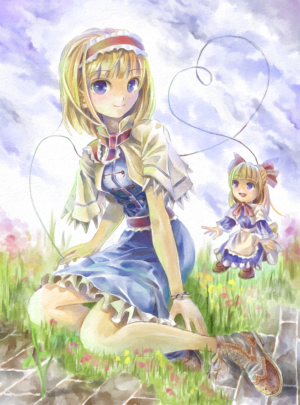 alice_margatroid ankle_boots apron bad_id bad_pixiv_id blonde_hair blue_eyes blue_sky boots bow bracelet brick capelet cloud cross-laced_footwear day dress faux_traditional_media flower grass hair_bow hairband heart heart_of_string highres jewelry lolita_hairband long_sleeves looking_at_viewer nagayo no_socks open_mouth outdoors path puppet_strings ribbon road sash shanghai_doll short_hair sitting sky smile solo touhou waist_apron yokozuwari