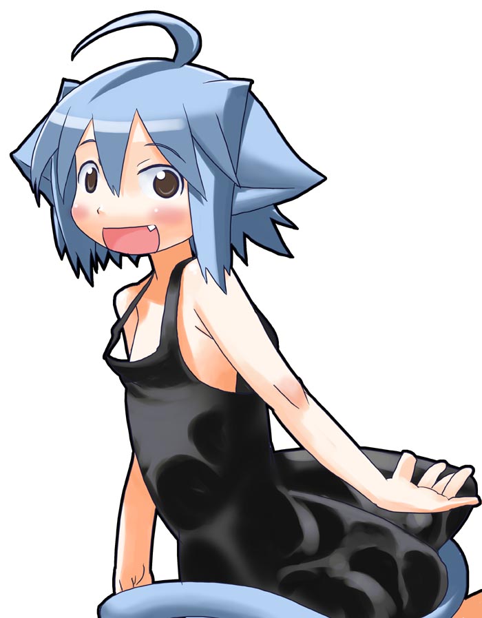 ahoge androgynous animal_ears bad_id bad_tumblr_id bare_shoulders black_dress blue_hair blush brown_eyes cat_ears cat_tail dress fang flat_chest looking_at_viewer matsuda_yuusuke open_mouth original short_hair smile solo tail