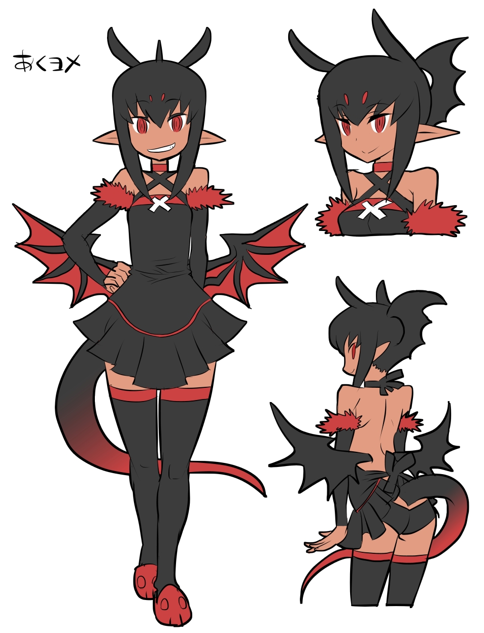aku-yome antenna_hair ass backless_outfit bad_id bad_tumblr_id bare_shoulders black_legwear blush character_sheet choker dark_skin demon_girl demon_wings detached_sleeves flat_chest flat_color fur_trim grin hand_on_hip highres matsuda_yuusuke mini_wings original pleated_skirt pointy_ears red_eyes ringed_eyes skirt slippers smile succubus tail thighhighs wings