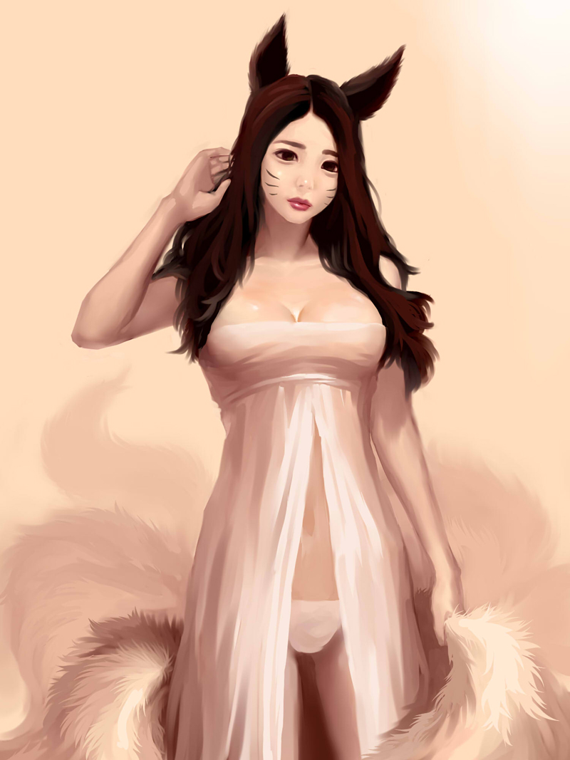 ahri animal_ears bad_id bad_pixiv_id breasts brown_eyes brown_hair cleavage facial_mark fox_ears fox_tail league_of_legends lipstick long_hair makeup medium_breasts multiple_tails nightgown panties preter solo tail underwear whisker_markings