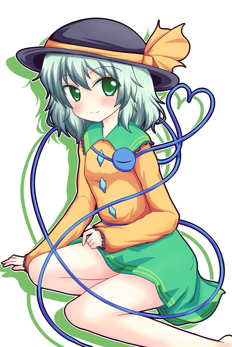 barefoot blush green_eyes green_hair hat hat_ribbon komeiji_koishi ribbon sitting solo thighs third_eye touhou yakumo_nanahara yokozuwari