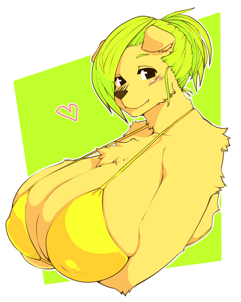 amad_no_moto big_breasts bikini_top blush breasts canine chest cleavage clothed clothing dog female fur huge_breasts hyper looking_at_viewer mammal skimpy tuft