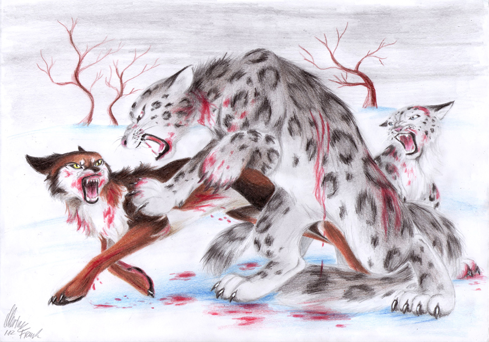 blood canine cat fantasyisland feline feral fight group leopard mammal open_mouth snow snow_leopard wolf wounded yunaki