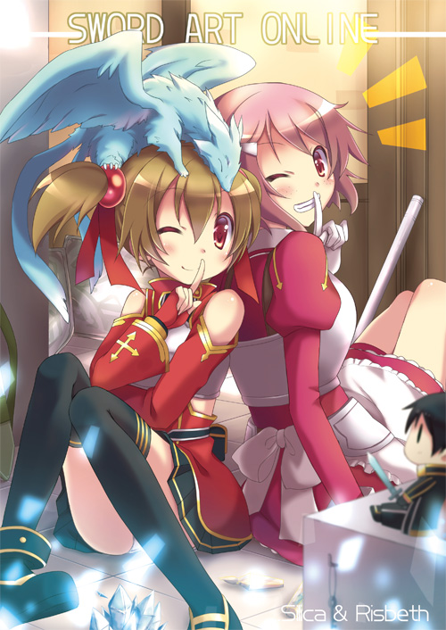 apron back-to-back breastplate brown_hair character_doll dragon fingerless_gloves gloves kirito lisbeth multiple_girls pina_(sao) pink_eyes pink_hair red_eyes short_hair short_twintails silica sword_art_online thighhighs tougo twintails