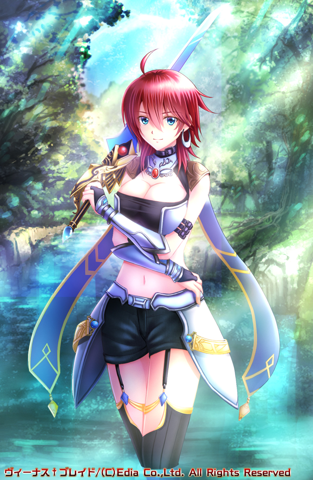 ahoge blue_eyes boots breasts bridal_gauntlets character_request cleavage earrings garter_straps jewelry large_breasts light_rays navel red_hair smile solo sunbeam sunlight sword thigh_boots thighhighs tree venus_blade wading water weapon yukiko013
