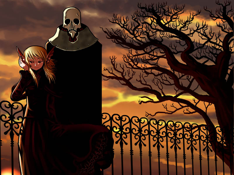 bad_id bad_tumblr_id black_dress black_sclera blonde_hair character_request copyright_request dress fence head_fins height_difference long_dress long_hair matsuda_yuusuke red_eyes skull tree