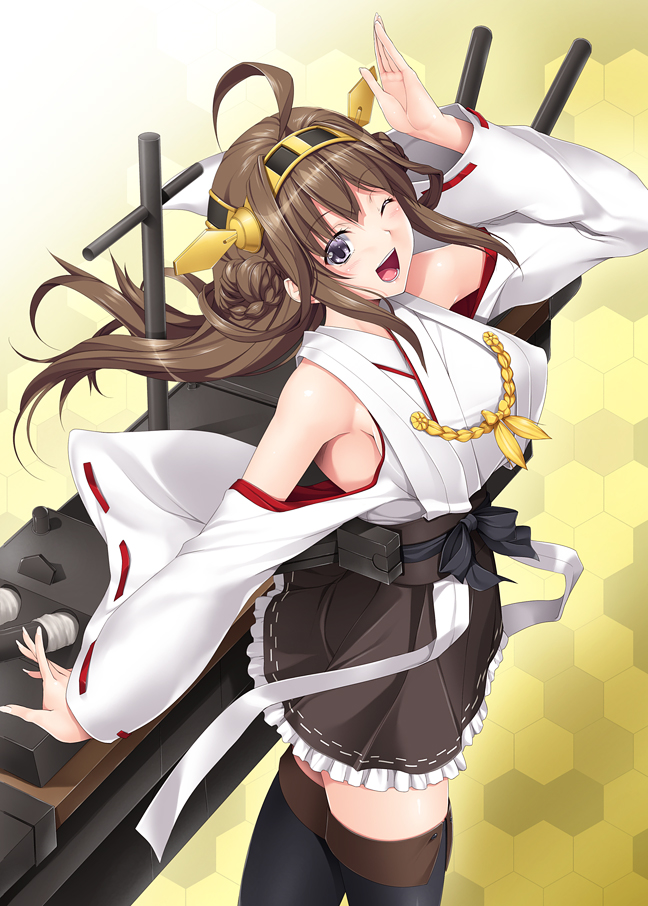 :d ;d ahoge bare_shoulders black_eyes black_legwear blush boots breasts brown_hair detached_sleeves hairband headgear japanese_clothes kantai_collection kongou_(kantai_collection) large_breasts long_hair looking_at_viewer miniskirt nakano_sora nontraditional_miko one_eye_closed open_mouth skirt smile solo thigh_boots thighhighs wide_sleeves zettai_ryouiki
