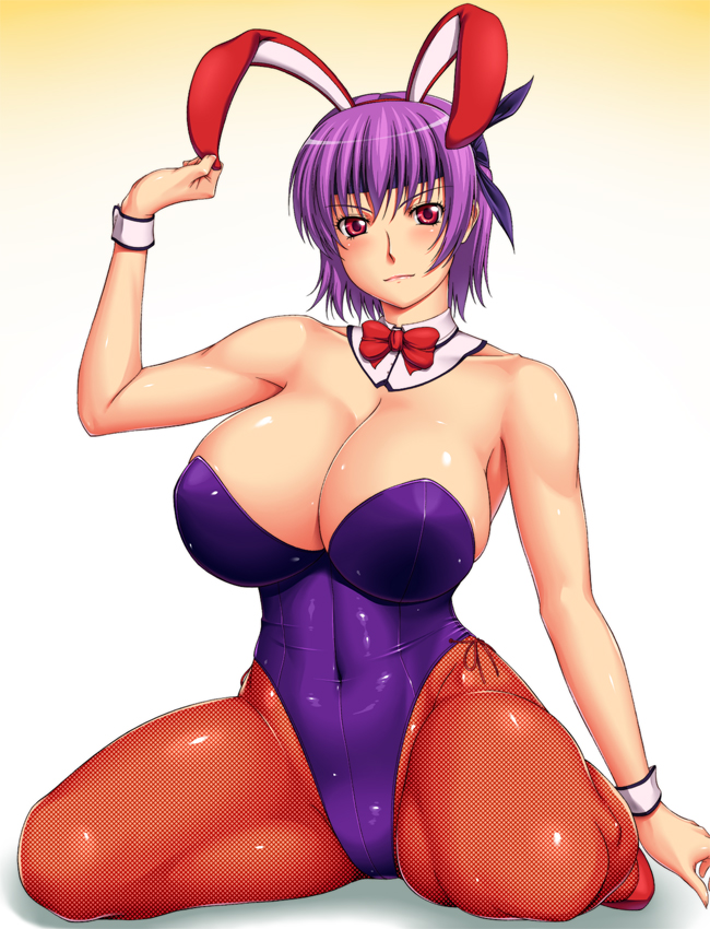 ameoto animal_ears ayane_(doa) bow bowtie breasts brown_legwear bunny_ears bunnysuit cleavage dead_or_alive detached_collar fishnet_pantyhose fishnets headband large_breasts leotard pantyhose purple_hair purple_leotard red_eyes short_hair sitting solo thick_thighs thighs wariza wrist_cuffs