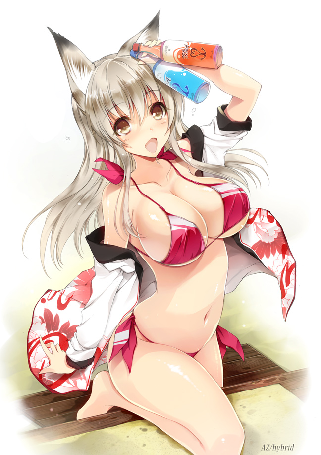 :d animal_ears arm_up barefoot bikini blush bottle breasts brown_eyes cat cleavage covered_nipples fox_ears grey_hair kneeling large_breasts long_hair navel off_shoulder open_mouth original revision side-tie_bikini silver_hair smile solo swimsuit won_(az_hybrid)