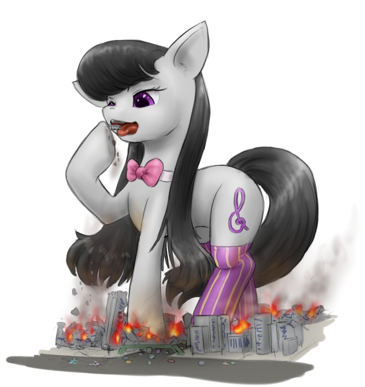 alloyrabbit black_hair bow_tie building cutie_mark equine eyes female feral fire friendship_is_magic fur giant grey_fur hair horse long_hair macro mammal my_little_pony octavia_(mlp) outside plain_background pony purple_eyes socks solo standing tongue vorarephilia vore white_background