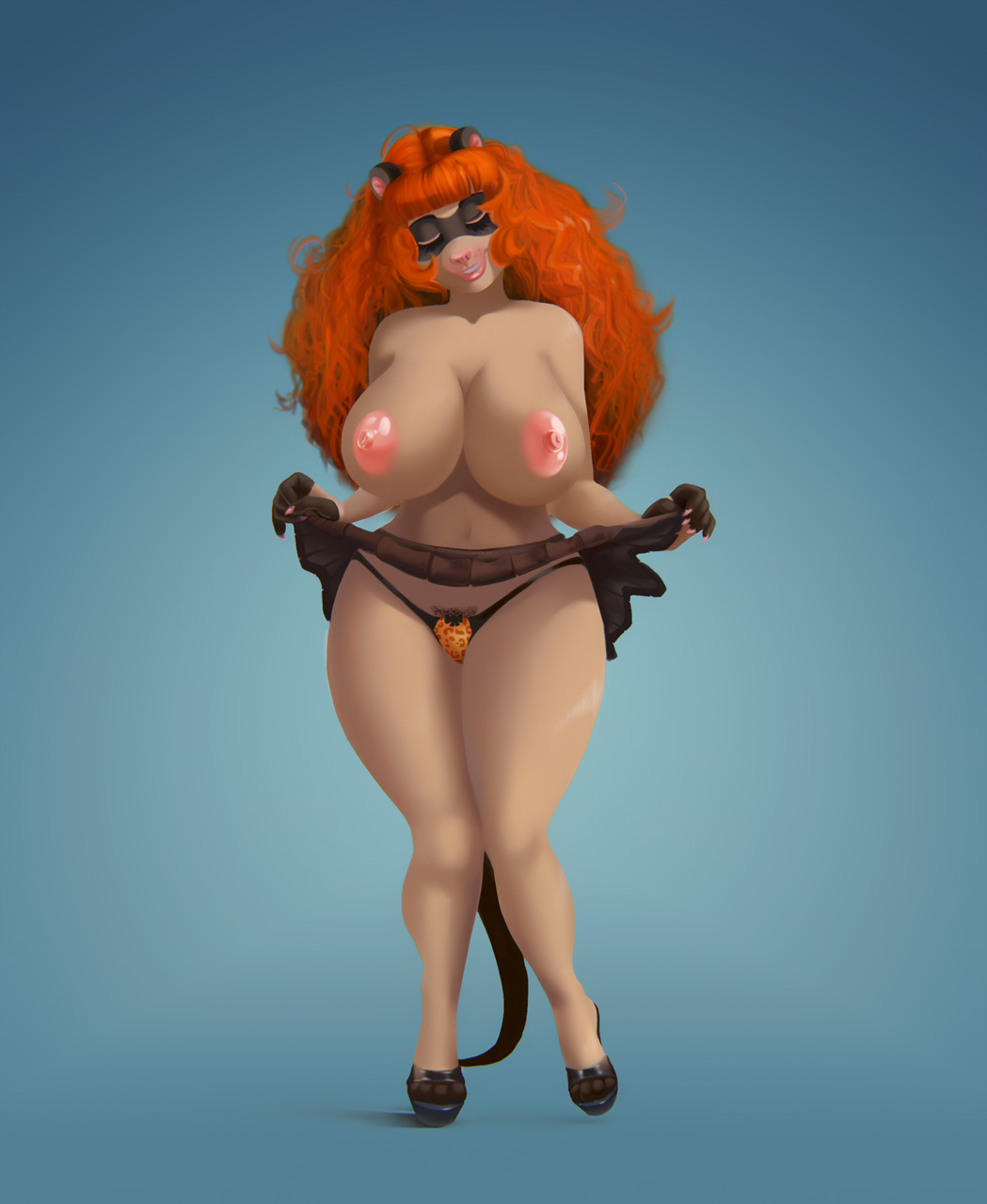 big_breasts breasts eyes_closed faye female ferret fey hair ipan lips long_hair mammal mustelid nipples panties pose presenting pubes red_hair skirt skirt_lift smile solo standing thick_thighs underwear voluptuous wide_hips