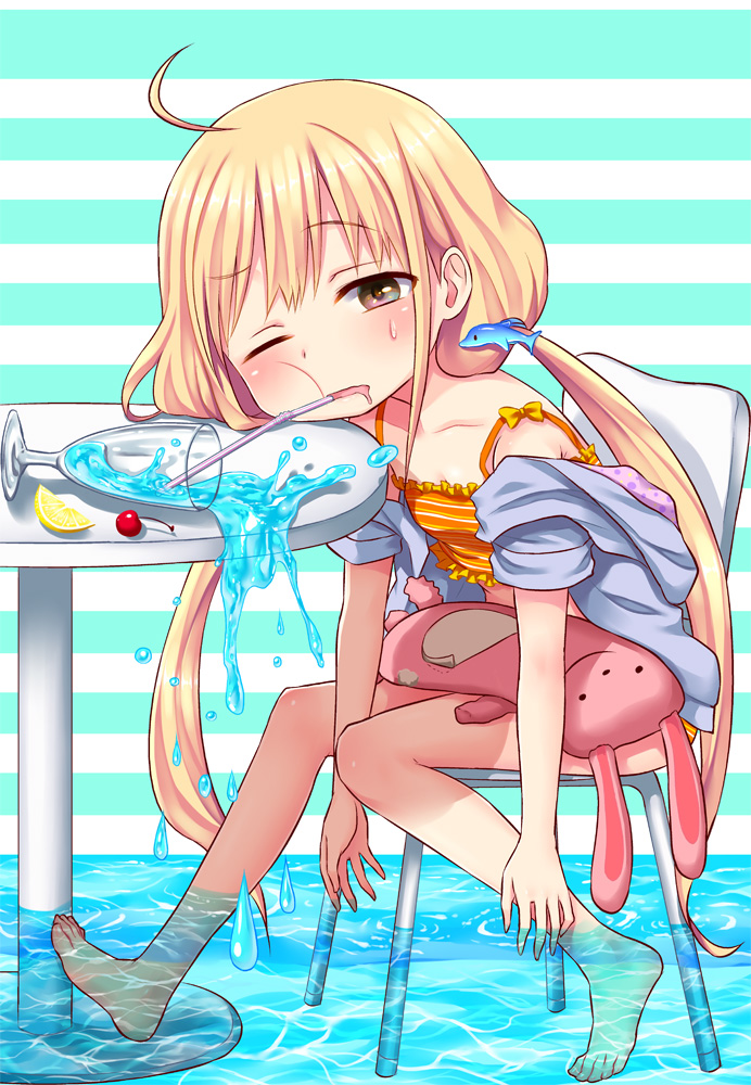 ahoge bad_id bad_pixiv_id bare_legs barefoot blonde_hair blush brown_eyes bunny chair cherry collarbone dolphin_hair_ornament drinking_straw food fruit futaba_anzu glass hood hoodie idolmaster idolmaster_cinderella_girls juice lemon long_hair low_twintails off_shoulder one_eye_closed open_clothes open_hoodie open_mouth partially_submerged random_(ningen_modoki) short_sleeves sitting solo spilling stuffed_animal stuffed_bunny stuffed_toy sweatdrop swimsuit table twintails very_long_hair