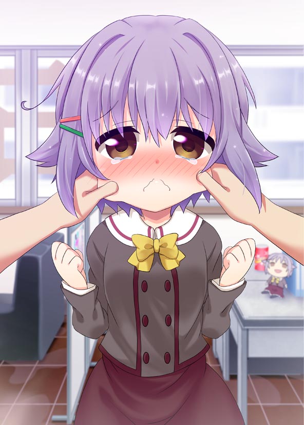 blush brown_eyes cheek_pull hair_ornament hairclip idolmaster idolmaster_cinderella_girls k_hiro koshimizu_sachiko looking_at_viewer purple_hair school_uniform short_hair skirt solo_focus tears wavy_mouth