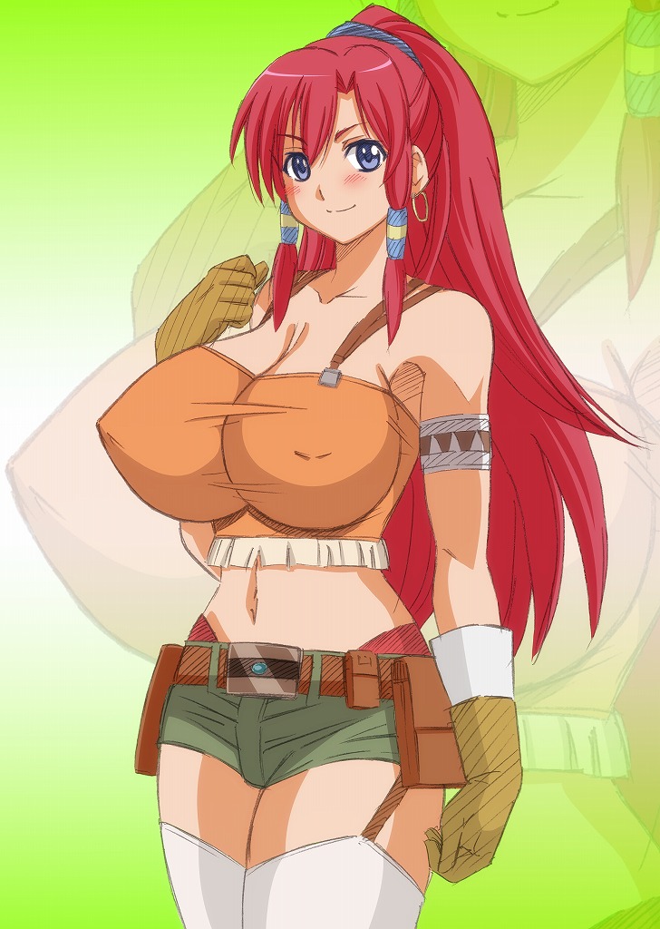 bellows_(suisei_no_gargantia) belt blue_eyes blush breasts cleavage covered_nipples earrings firewarstorm huge_breasts jewelry long_hair no_bra red_hair short_shorts shorts sidelocks smile suisei_no_gargantia tan thighhighs thighs white_legwear zoom_layer