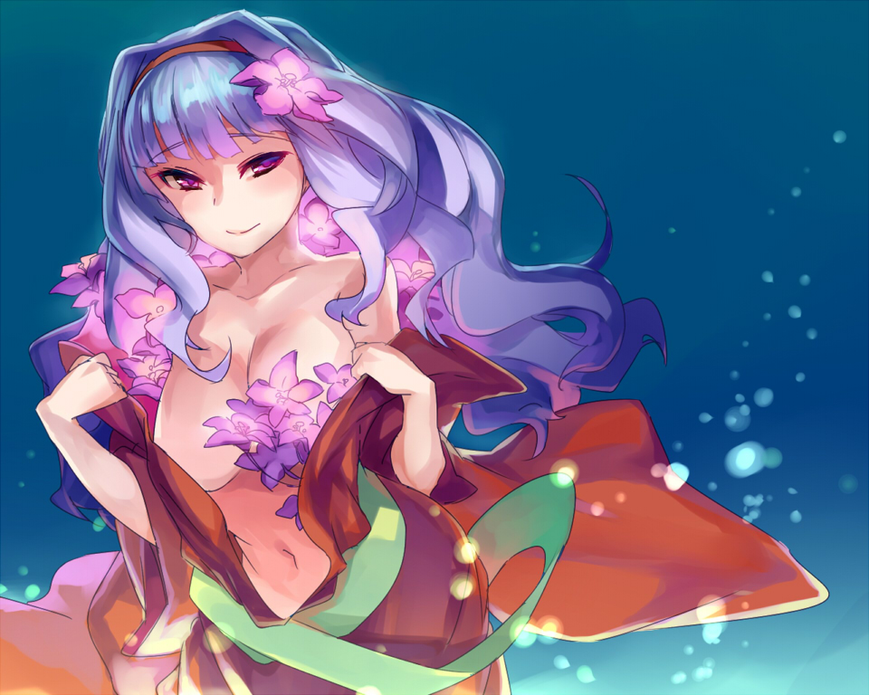 blush breasts flower hair_flower hair_ornament hairband idolmaster idolmaster_(classic) japanese_clothes kimono large_breasts long_hair looking_at_viewer nemeko open_clothes purple_eyes shijou_takane silver_hair smile solo undressing