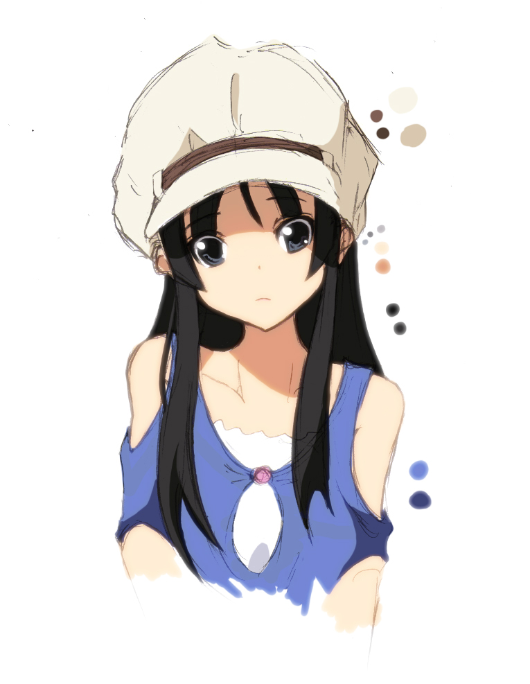 akiyama_mio black_eyes black_hair face hat hime_cut k-on! long_hair simple_background solo