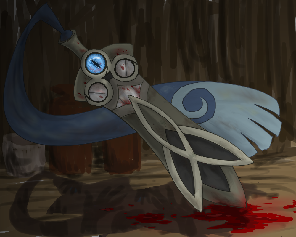 blood blue_eyes honedge looking_at_viewer mamesuzume nintendo no_humans pok&#233;mon pokemon pokemon_(game) pokemon_xy solo stare sword video_games weapon