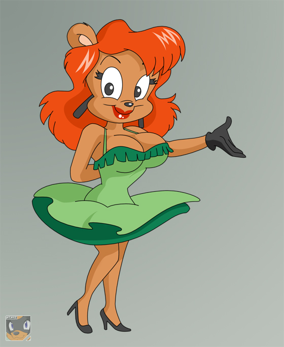 bear big_breasts breasts cleavage clothed clothing dress ear_piercing female gloves hair high_heels julie_bruin lipstick long_hair looking_at_viewer mammal orange_hair piercing plain_background solo standing tiny_toon_adventures warner_brothers