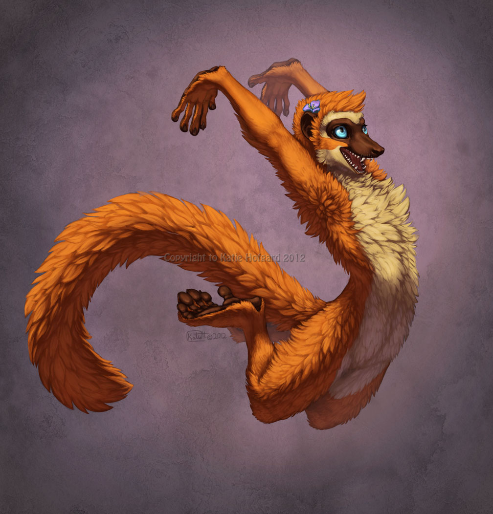 2012 5_fingers 5_toes action_pose anthro arched_back biped blue-eyed_black_lemur blue_eyes brown_fur brown_markings countershade_legs countershade_torso countershading detailed detailed_fur digital_media_(artwork) digital_painting_(artwork) eye_markings eyelashes facial_markings fangs featureless_crotch female flat_chested flower flower_in_hair fluffy fluffy_tail full-length_portrait fur fur_tuft happy humanoid_hands jumping lemur lighting long_tail looking_up mammal markings mask_(marking) multicolored_fur nude open_mouth open_smile orange_fur orange_tail plant plantigrade portrait pose prehensile_feet primate purple_background raised_arm red_tongue shadow signature simple_background smile snout solo suspended_in_midair tan_countershading tan_fur toes tuft watermark whiskers wolf-nymph
