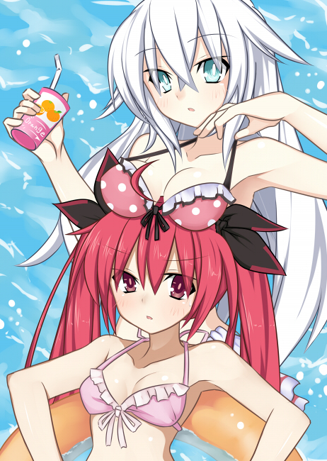 aqua_eyes bikini black_heart bow breast_rest breasts breasts_on_head cleavage creator_connection crossover date_a_live hair_bow hair_ornament innertube itsuka_kotori long_hair medium_breasts meimu_(infinity) multiple_girls neptune_(series) orange_juice red_eyes red_hair swimsuit twintails white_hair