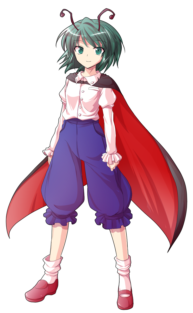 alphes_(style) antennae cape dairi full_body green_eyes green_hair highres looking_at_viewer parody short_hair smile socks solo style_parody touhou transparent_background wriggle_nightbug
