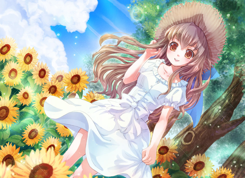 brown_eyes brown_hair cloud day dress flower happy hat long_hair moyashi_n0_mori original sky smile solo sunflower tree