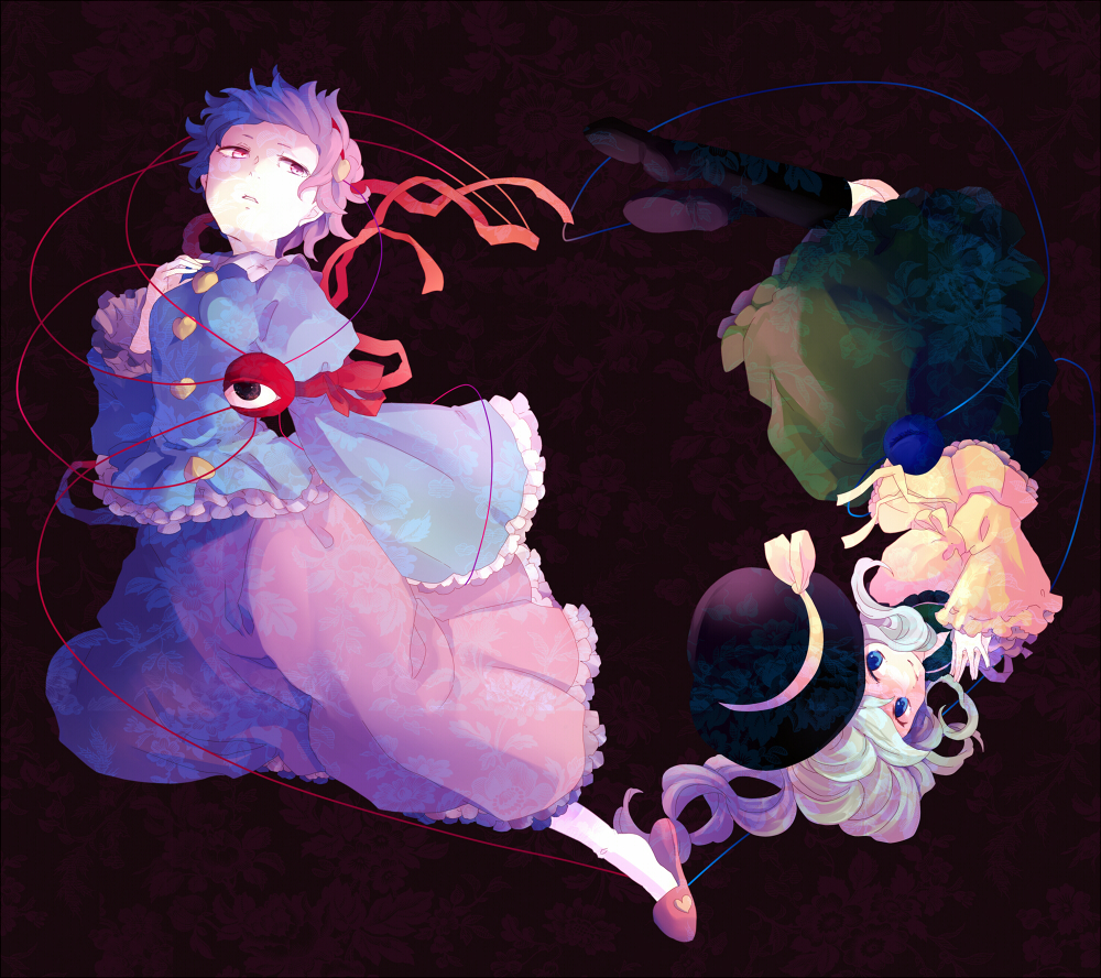 black_background blue_eyes buttons collar expressionless green_hair hairband hanada_hyou hand_on_own_chest hands_together hat hat_ribbon heart komeiji_koishi komeiji_satori looking_at_viewer multiple_girls open_mouth pink_eyes pink_hair ribbon sandals shirt short_hair simple_background skirt slippers smile socks standing third_eye touhou wavy_hair