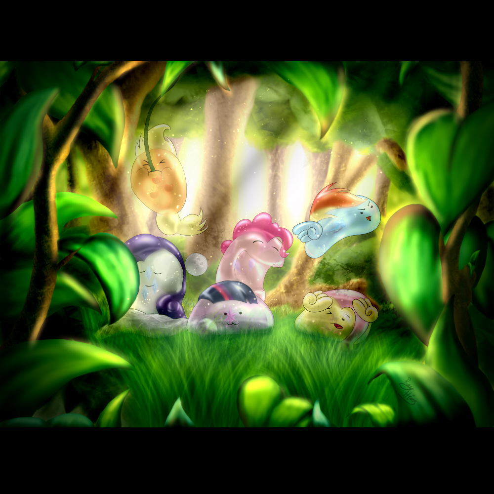 ball cutie_mark female feral fluttershy_(mlp) forest friendship_is_magic group hair looking_at_viewer monster multi-colored_hair my_little_pony pinkie_pie_(mlp) ploby rainbow_dash_(mlp) rarity_(mlp) rayhiros slime smile tree twilight_sparkle_(mlp) wings wood