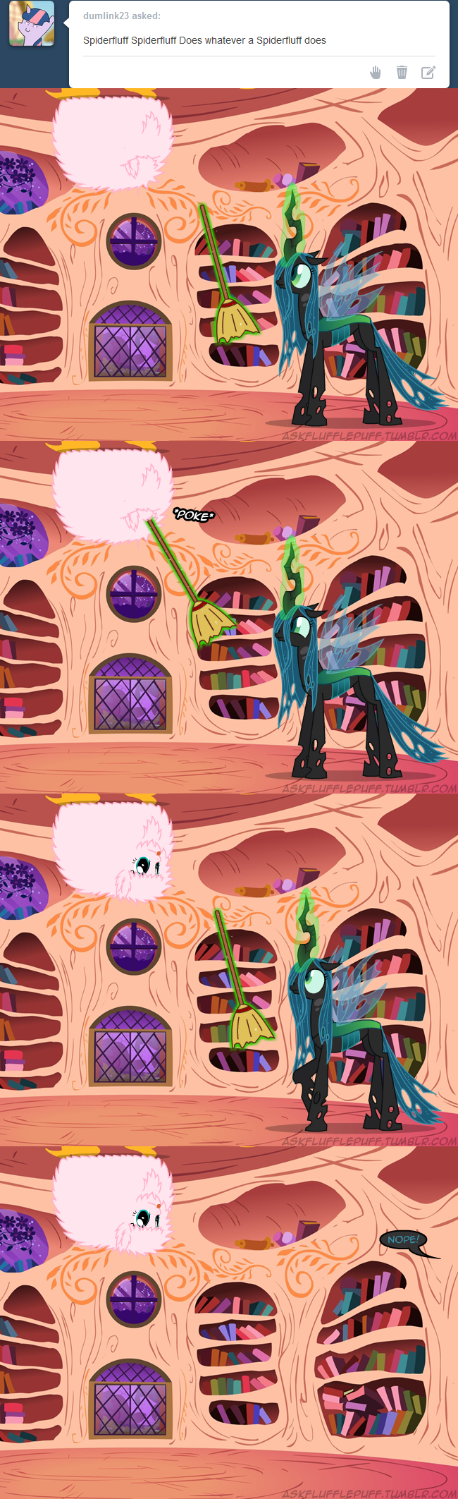 blue_eyes book broom changeling english_text equine fairy female feral fluffle_puff friendship_is_magic glowing green_eyes green_hair hair horn horse levitation magic mammal mixermike622 my_little_pony pink_hair pony queen_chrysalis_(mlp) text tongue tongue_out wings