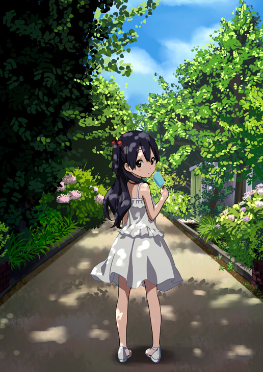bare_legs black_hair brown_eyes cloud dappled_sunlight day dress errant food from_behind full_body hair_bobbles hair_ornament kitashirakawa_anko long_hair looking_at_viewer looking_back one_side_up outdoors popsicle shoes solo standing sundress sunlight tamako_market tree tree_shade white_dress