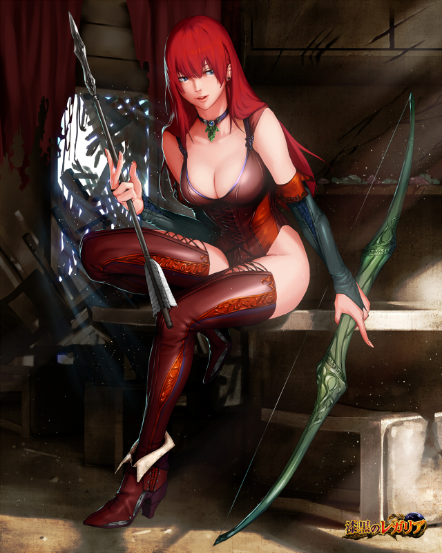 arrow blue_eyes boots bow_(weapon) breasts bridal_gauntlets choker cleavage delta_zone leather leotard long_hair medium_breasts red_hair shikkoku_no_regalia sitting solo thighhighs weapon