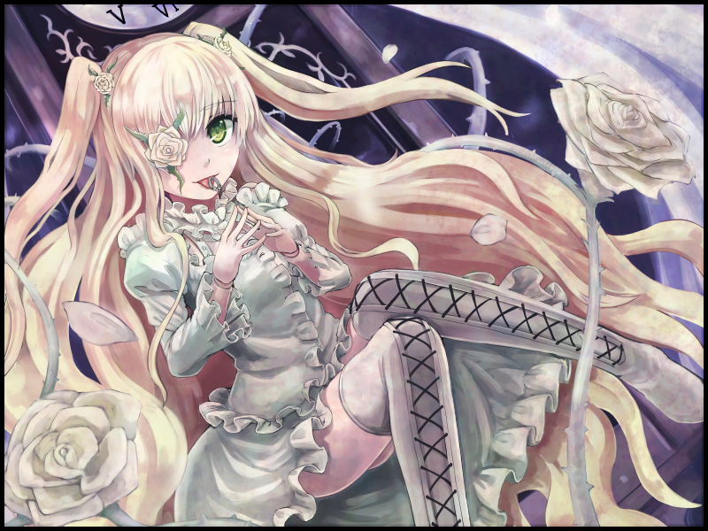 boots clock cross-laced_footwear doll_joints dress eyepatch flower frills grandfather_clock hair_flower hair_ornament hiruno jewelry kirakishou licking long_hair long_sleeves pink_hair puffy_sleeves ring rose rozen_maiden sitting solo thighhighs thorns tongue tongue_out two_side_up very_long_hair white_dress yellow_eyes