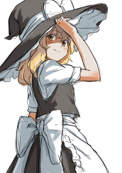 apron black_dress blonde_hair bow dress hand_on_headwear hat hat_bow kirisame_marisa long_hair looking_at_viewer looking_back puffy_sleeves shibasaki_shouji shirt short_sleeves simple_background sketch solo touhou waist_apron white_background white_bow witch_hat yellow_eyes