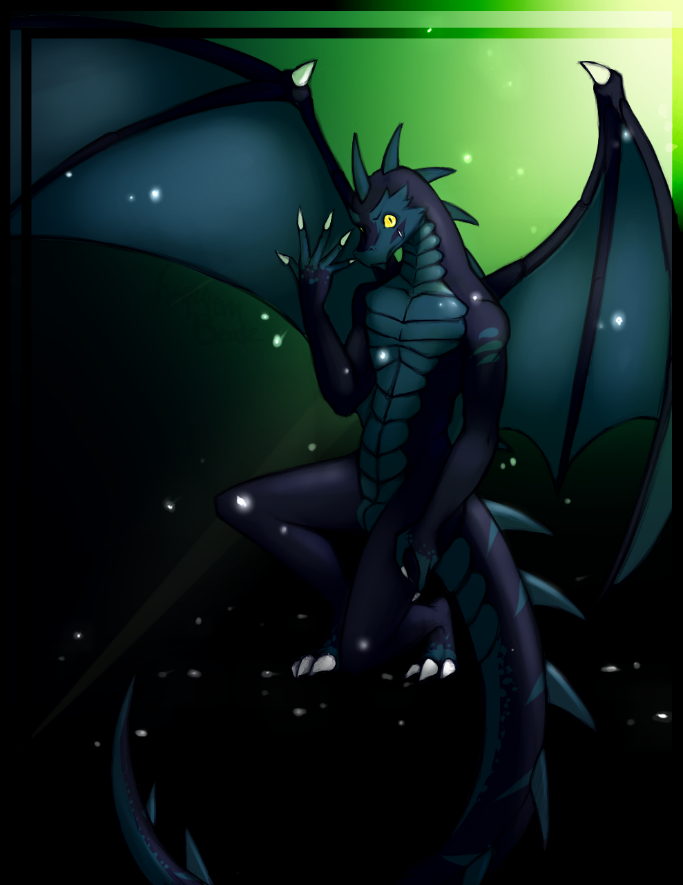 abs anthro biceps blue_body blue_scales blue_skin body_markings claws draco dragon drake drake_(species) fangs green_light horn looking_at_viewer male markings muscles nude pecs plates pose reptile requiembeatz scales scalie scar smile solo stripes talons teeth toe_claws wings yellow_eyes