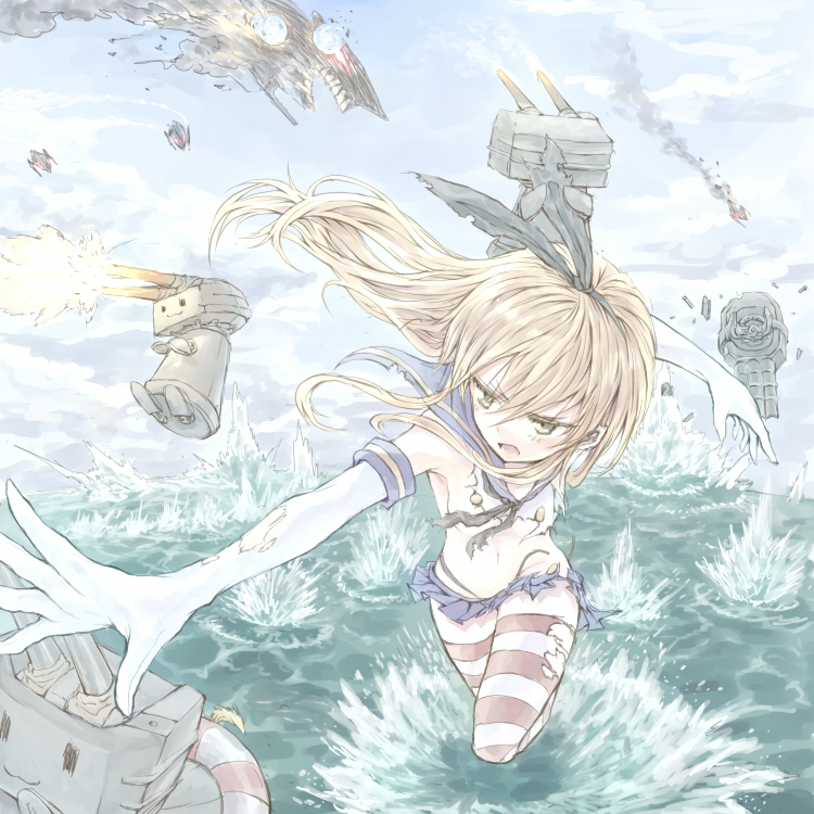 battle black_panties blonde_hair blush breasts elbow_gloves firing foreshortening gloves hairband kantai_collection long_hair navel open_mouth pale_color panties rensouhou-chan shimakaze_(kantai_collection) skirt sky small_breasts solo striped striped_legwear thighhighs torn_clothes torn_gloves underwear water white_gloves yukimochi_(yume)
