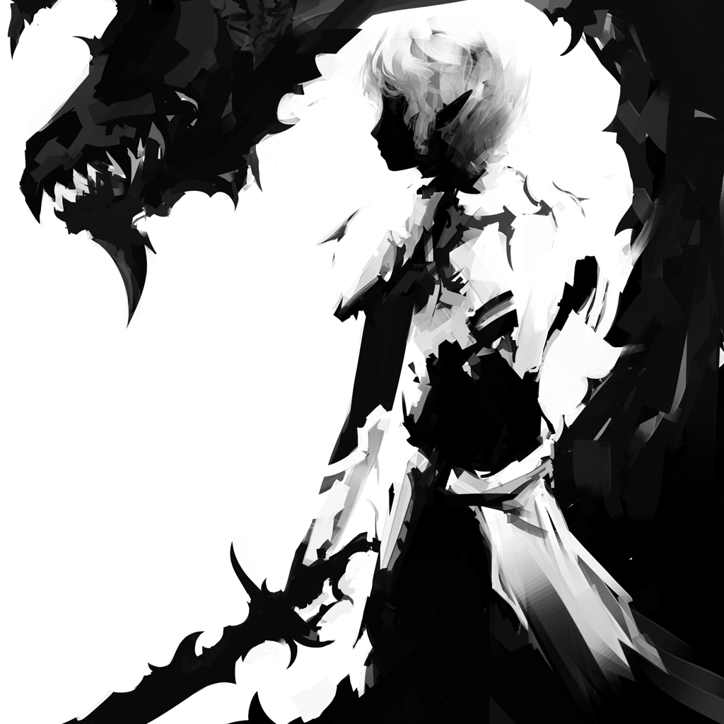 armor copyright_request dragon elf from_behind greyscale monochrome pointy_ears short_hair silhouette simple_background solo standing standing_on_liquid sword weapon white_background wistar!a