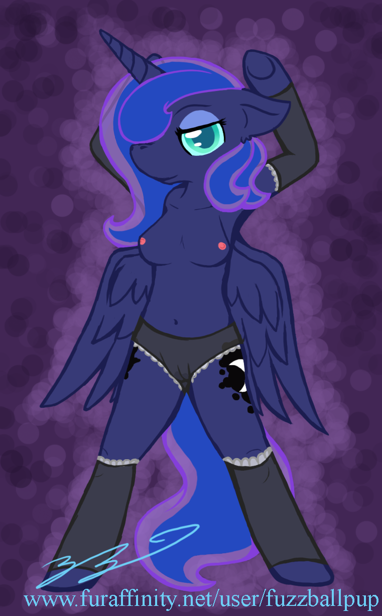 anthro anthrofied areola blue_fur blue_hair breasts camel_toe english_text equine female friendship_is_magic fur fuzzballpup green_eyes hair horn legwear lingerie mammal my_little_pony nipples panties pose princess_luna_(mlp) pussy smirk solo stockings text underwear wet winged_unicorn wings